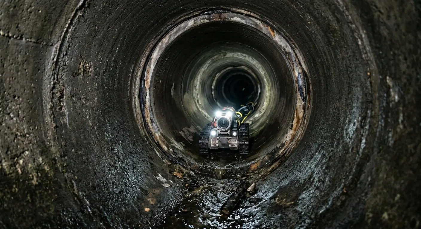 Robotic sewer camera inspecting pipe interior for Sewer Line Cleaning in Simsbury