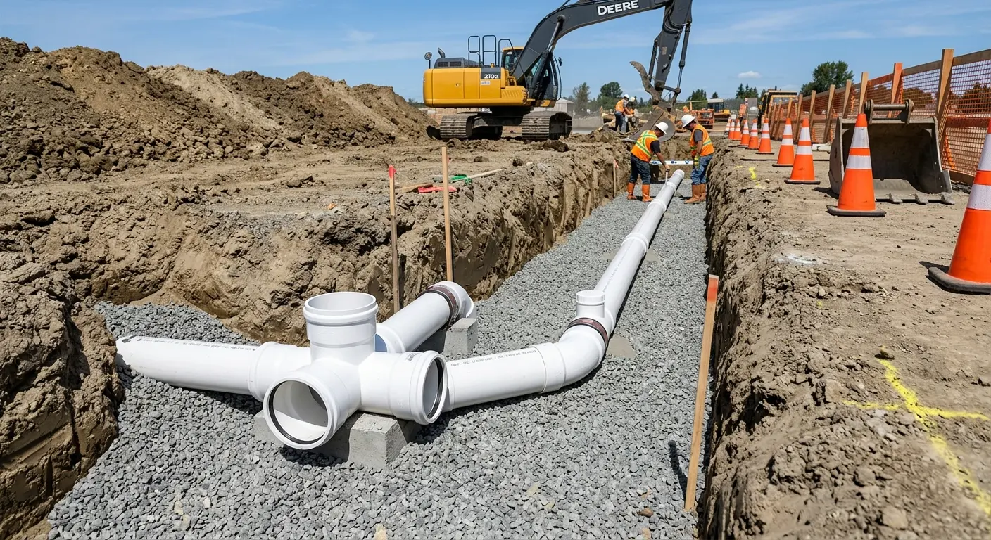 New PVC sewer pipe installation in open trench for Commercial Drain Cleaning in Simsbury