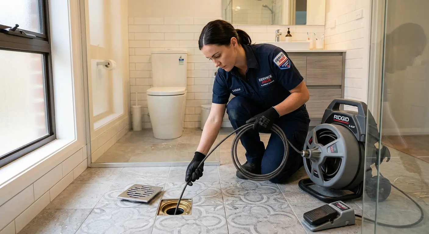 Technician clearing a bathroom floor drain for Drain Cleaning in Simsbury